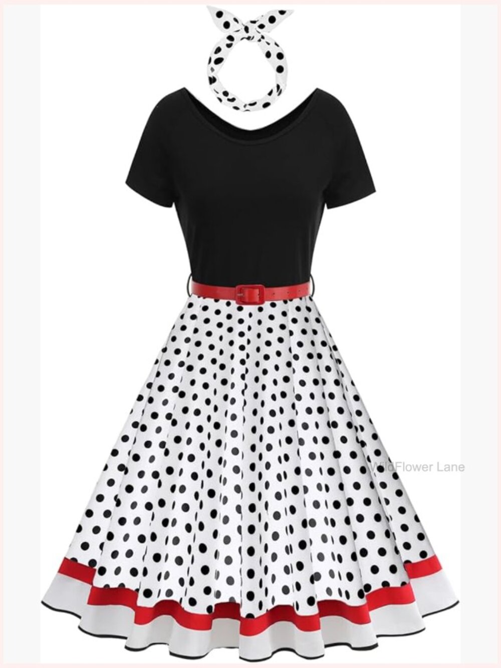 Vintage Short Sleeve Round Neck Swing Midi Prom Dress with Belt & Headband